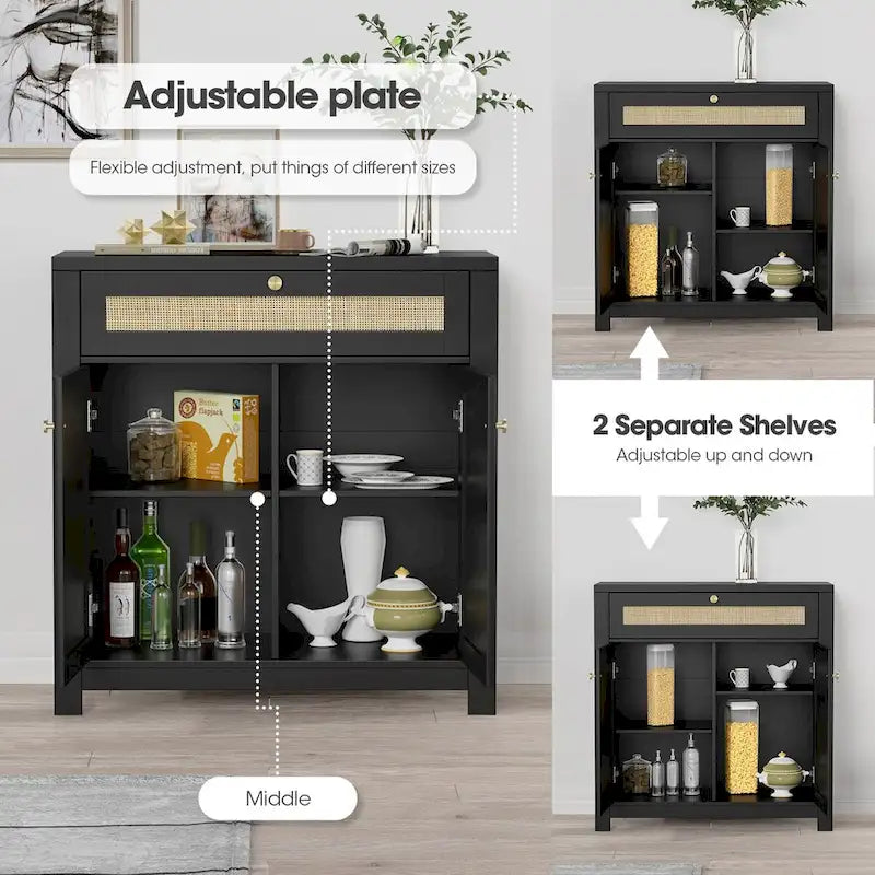 2-Door Rattan Storage Cabinet with Drawer & Adjustable Shelves