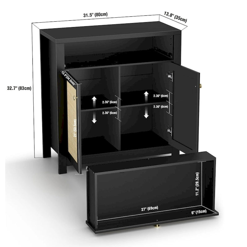 2-Door Rattan Storage Cabinet with Drawer & Adjustable Shelves