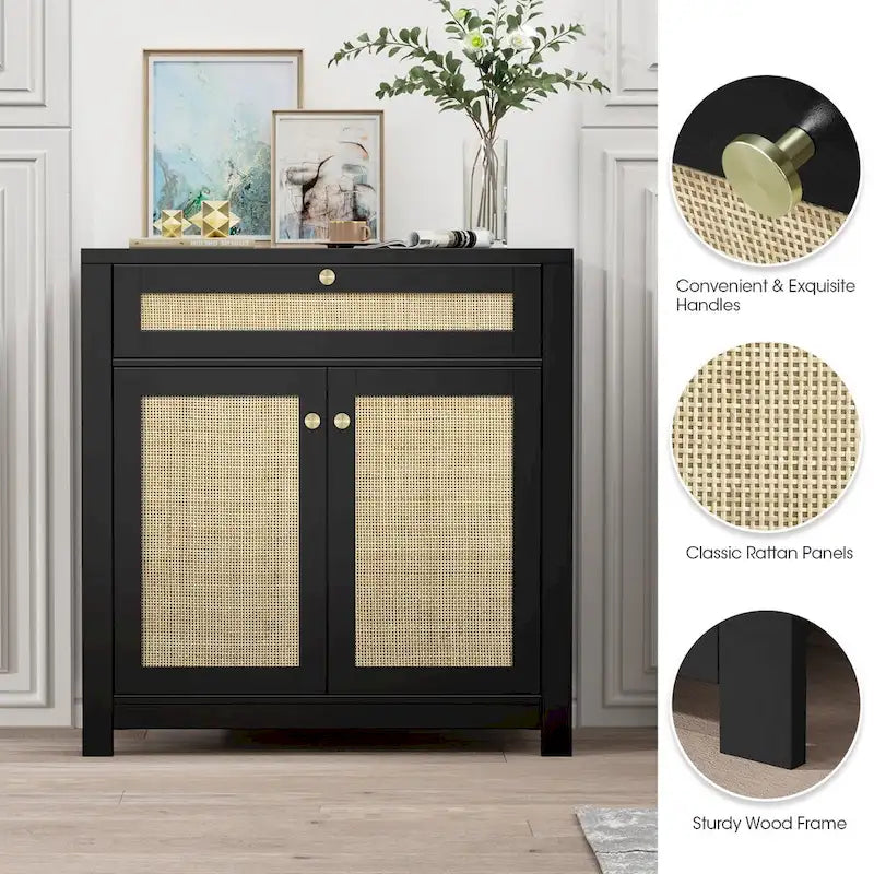 2-Door Rattan Storage Cabinet with Drawer & Adjustable Shelves