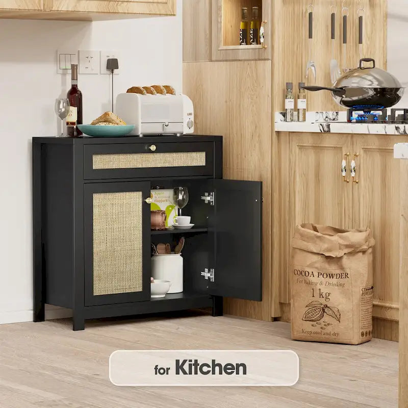 2-Door Rattan Storage Cabinet with Drawer & Adjustable Shelves