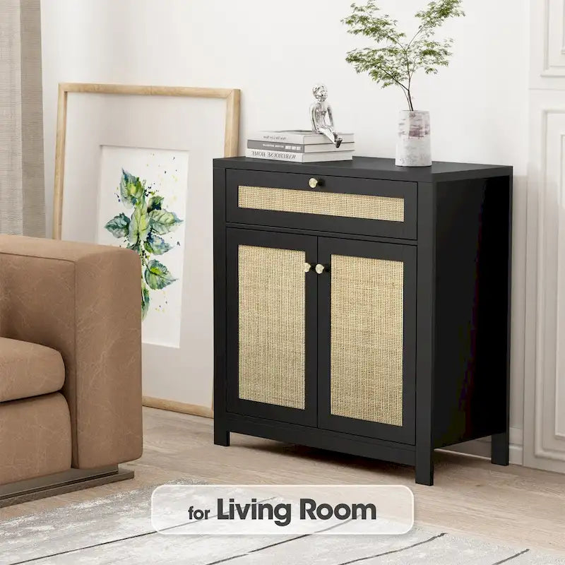 2-Door Rattan Storage Cabinet with Drawer & Adjustable Shelves