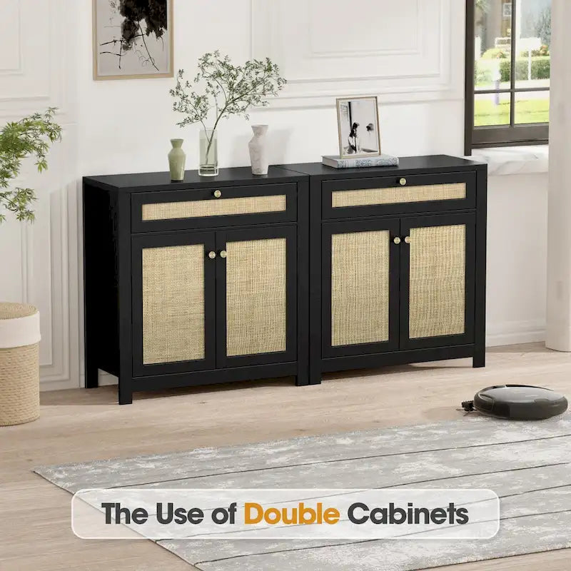 2-Door Rattan Storage Cabinet with Drawer & Adjustable Shelves