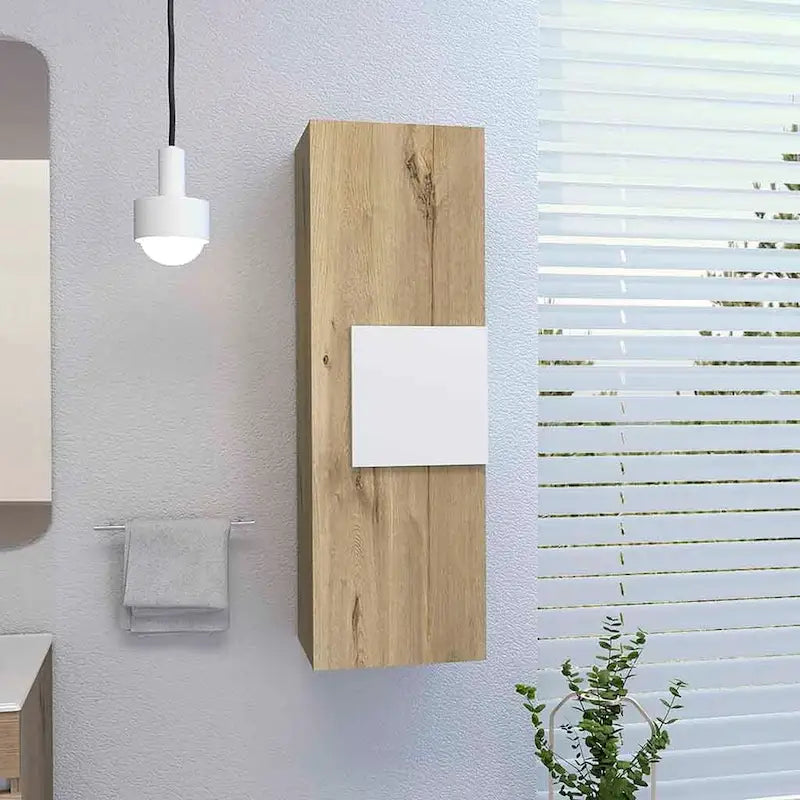 Single Door Bathroom Medicine Cabinet with 3 Shelves, White & Light Oak