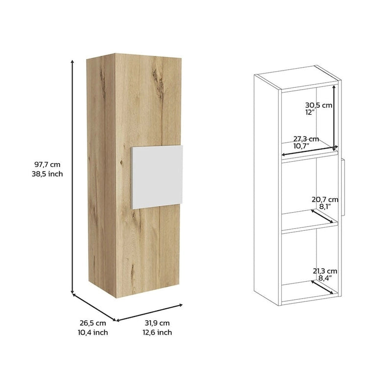 Armoire de toilette à porte unique avec 3 étagères, blanc et chêne clair
