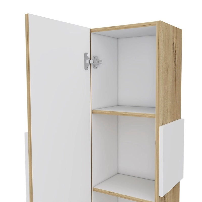 Armoire de toilette à porte unique avec 3 étagères, blanc et chêne clair
