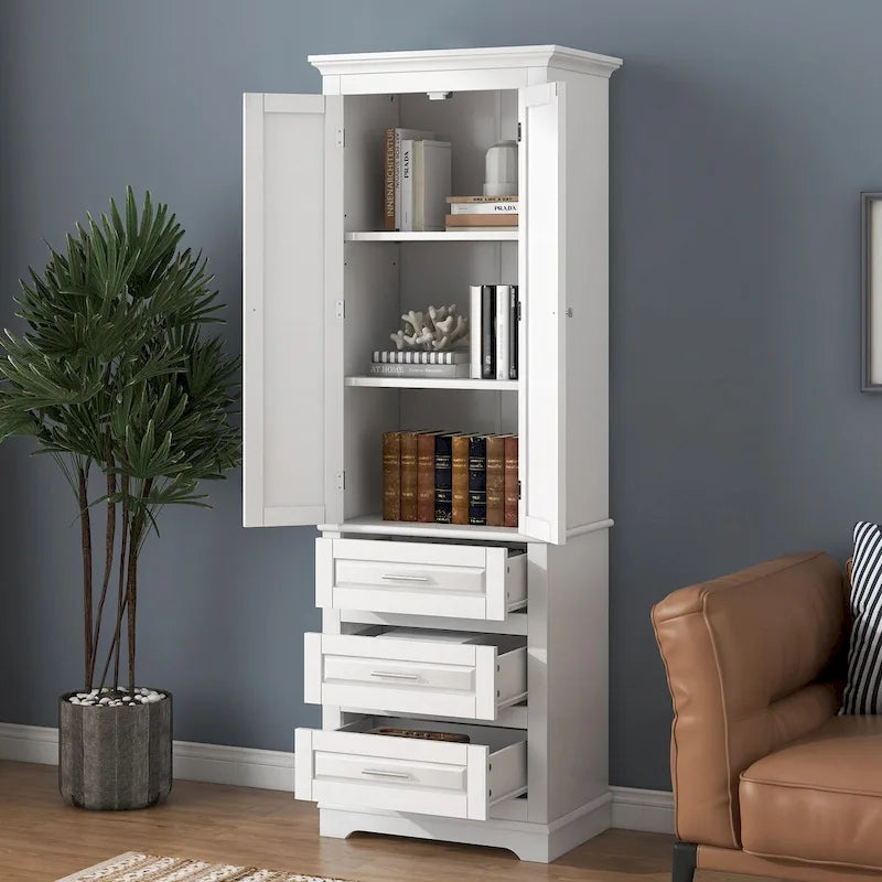 Tall Storage Cabinet with 2 Doors, 3 Drawers & Adjustable Shelves