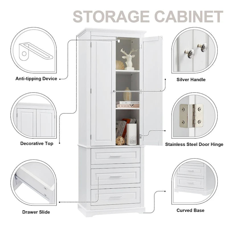 Tall Storage Cabinet with 2 Doors, 3 Drawers & Adjustable Shelves