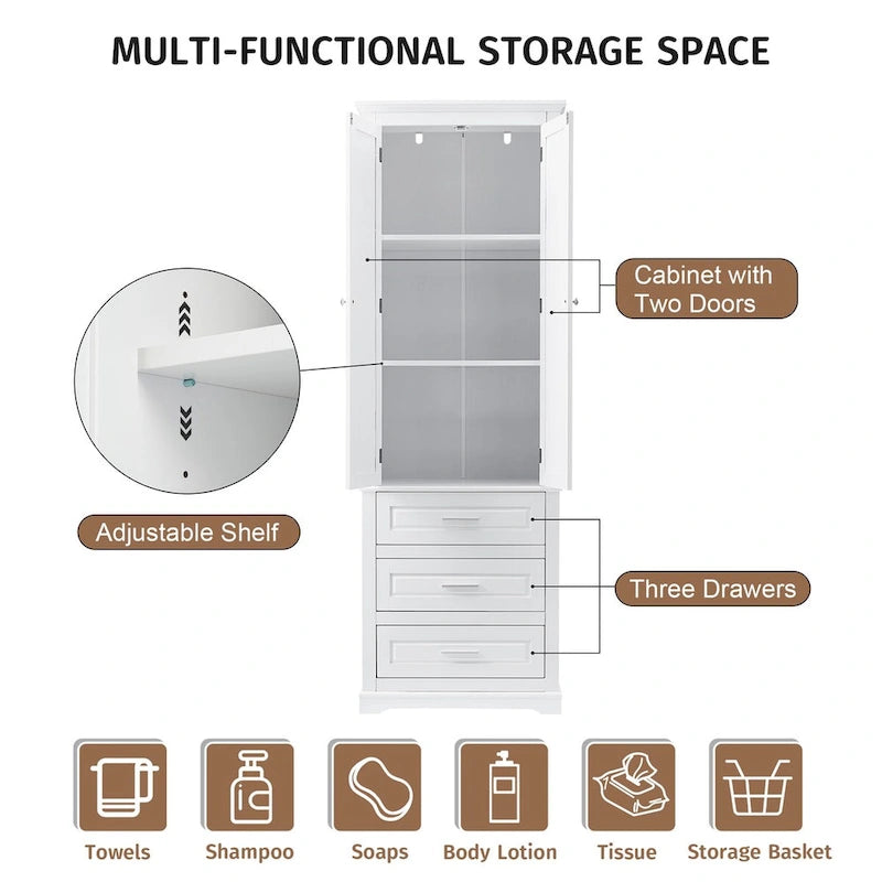 Tall Storage Cabinet with 2 Doors, 3 Drawers & Adjustable Shelves