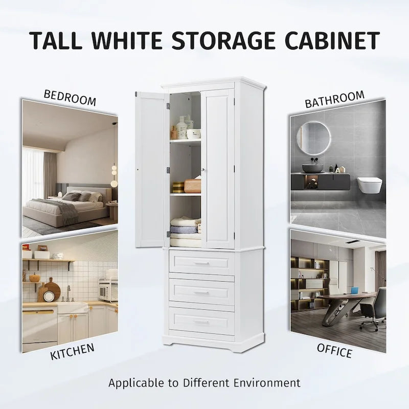 Tall Storage Cabinet with 2 Doors, 3 Drawers & Adjustable Shelves