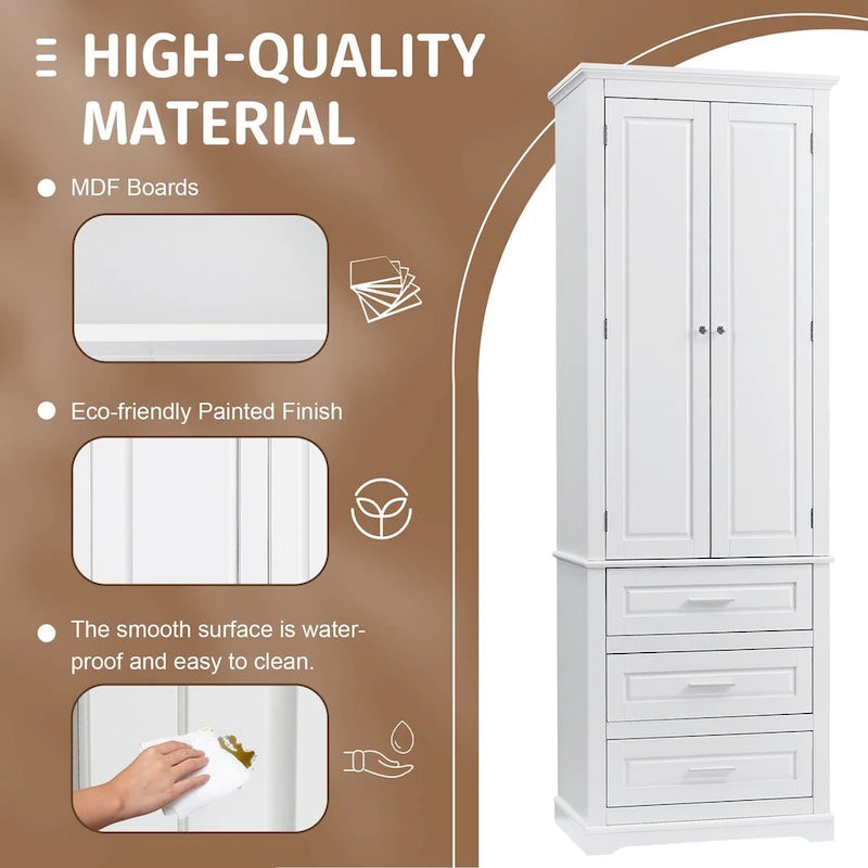 Tall Storage Cabinet with 2 Doors, 3 Drawers & Adjustable Shelves