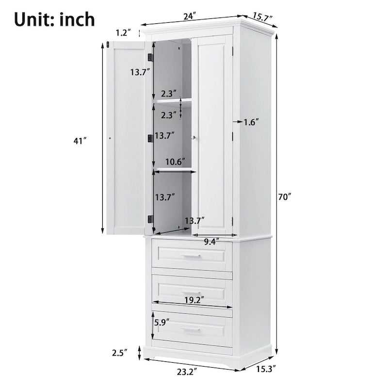 Tall Storage Cabinet with 2 Doors, 3 Drawers & Adjustable Shelves