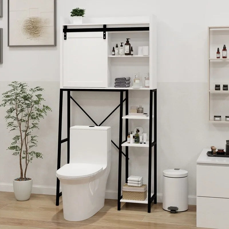 Over-the-Toilet Storage Cabinet with Barn Door & Open Shelves