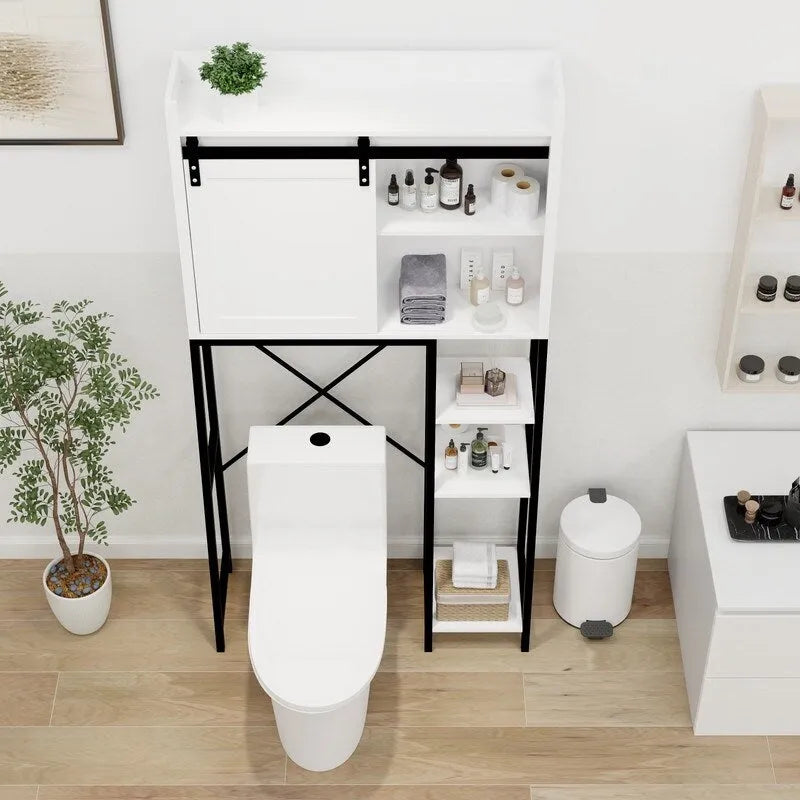 Over-the-Toilet Storage Cabinet with Barn Door & Open Shelves
