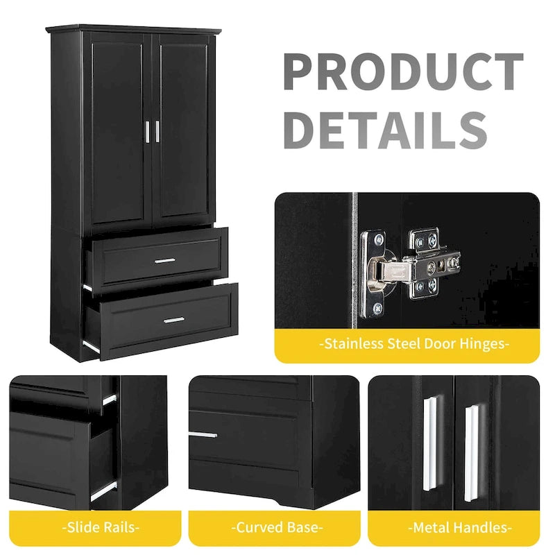 Tall Storage Cabinet with 2 Doors, 2 Drawers & Adjustable Shelf
