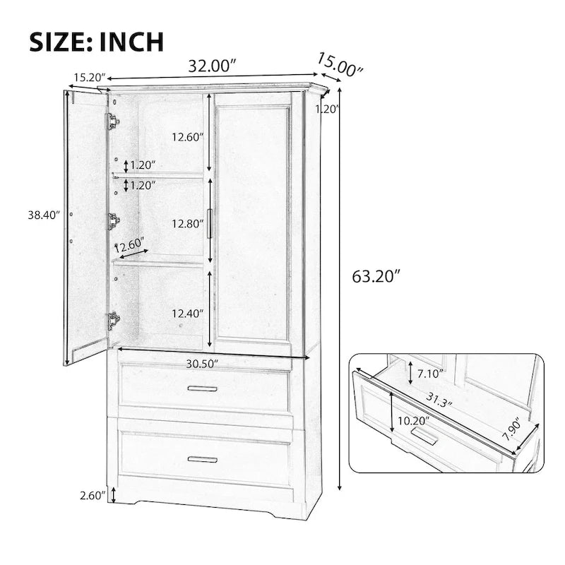 Tall Storage Cabinet with 2 Doors, 2 Drawers & Adjustable Shelf