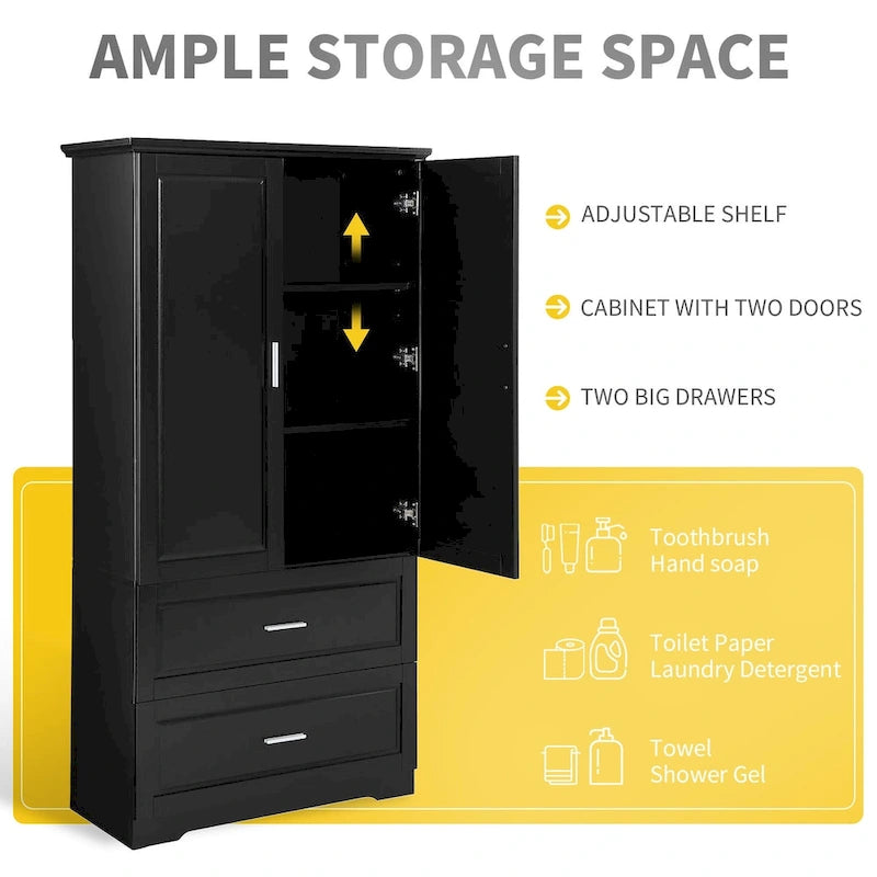 Tall Storage Cabinet with 2 Doors, 2 Drawers & Adjustable Shelf