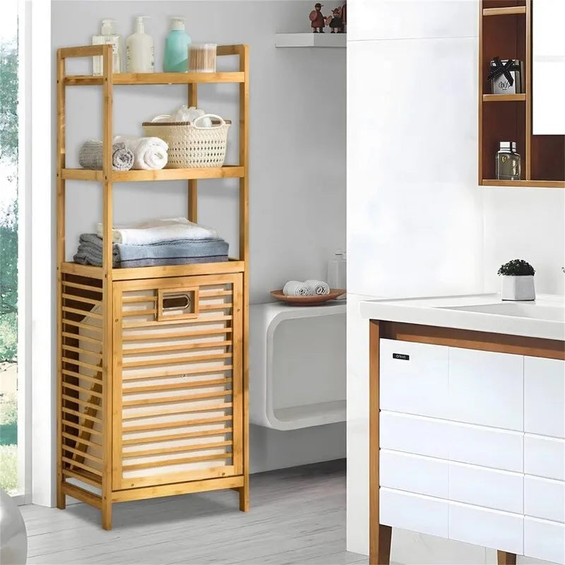 3-Tier Bamboo Tilt-Out Laundry Hamper with Storage Shelves