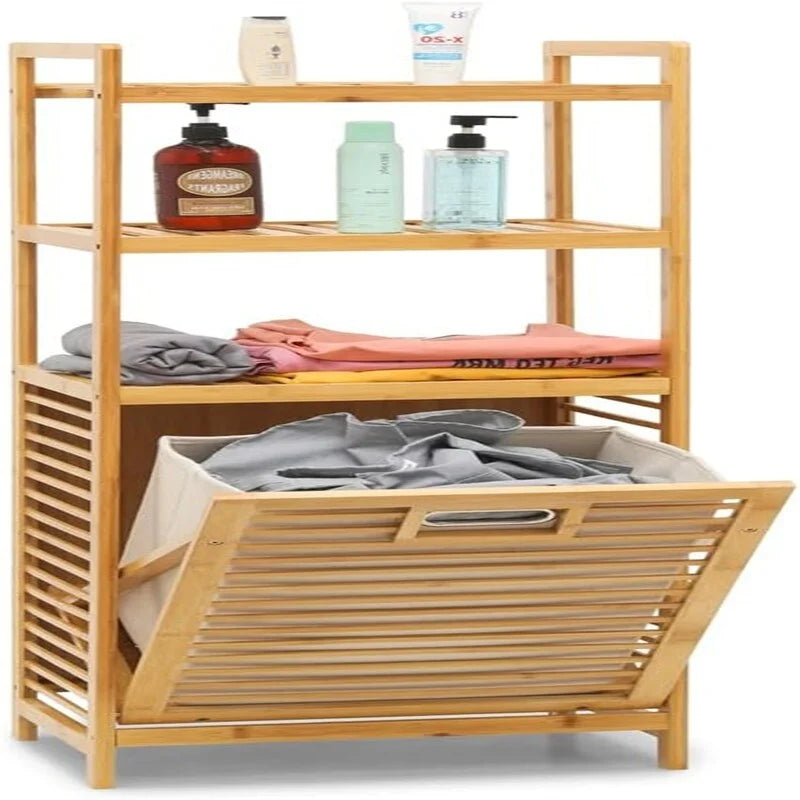 3-Tier Bamboo Tilt-Out Laundry Hamper with Storage Shelves