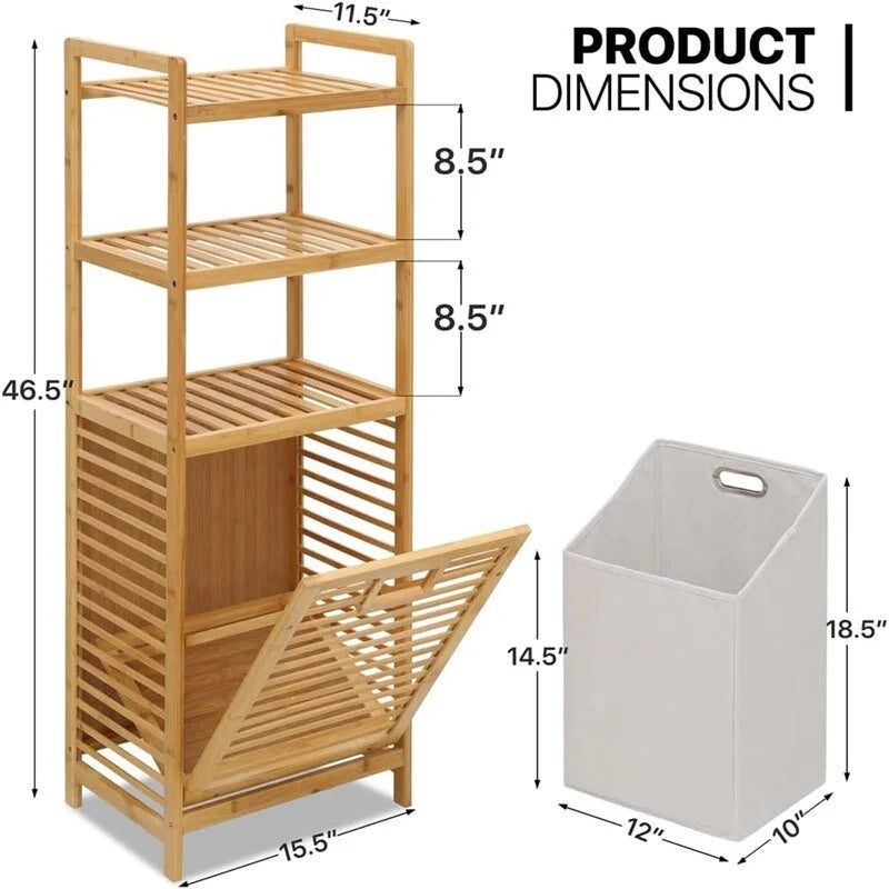 3-Tier Bamboo Tilt-Out Laundry Hamper with Storage Shelves