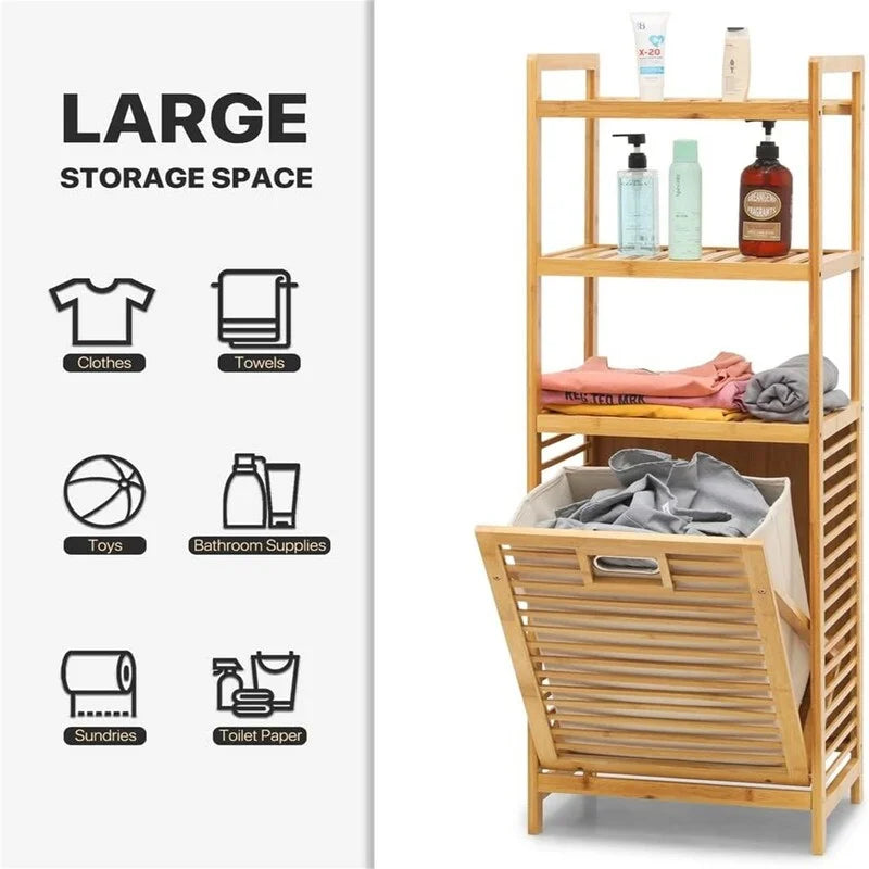 3-Tier Bamboo Tilt-Out Laundry Hamper with Storage Shelves