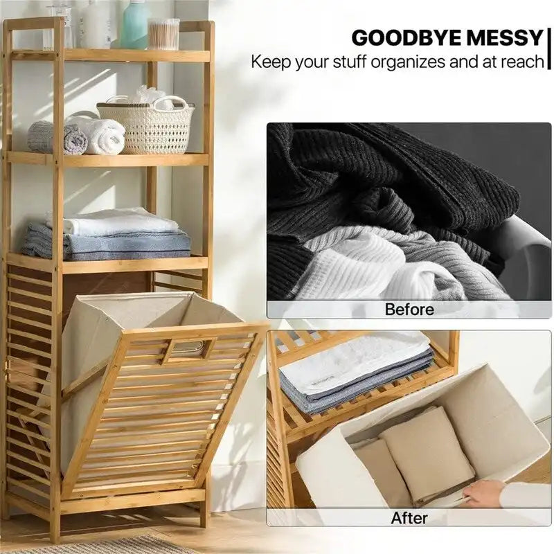 3-Tier Bamboo Tilt-Out Laundry Hamper with Storage Shelves
