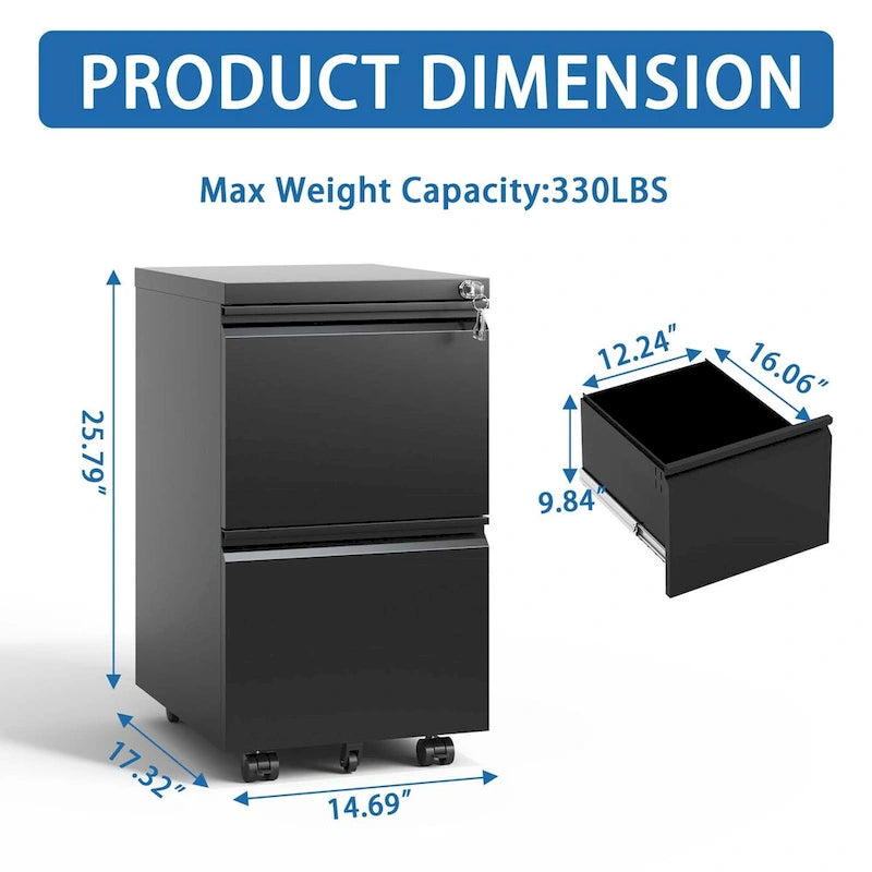 2-Drawer Rolling Metal File Cabinet with Lock
