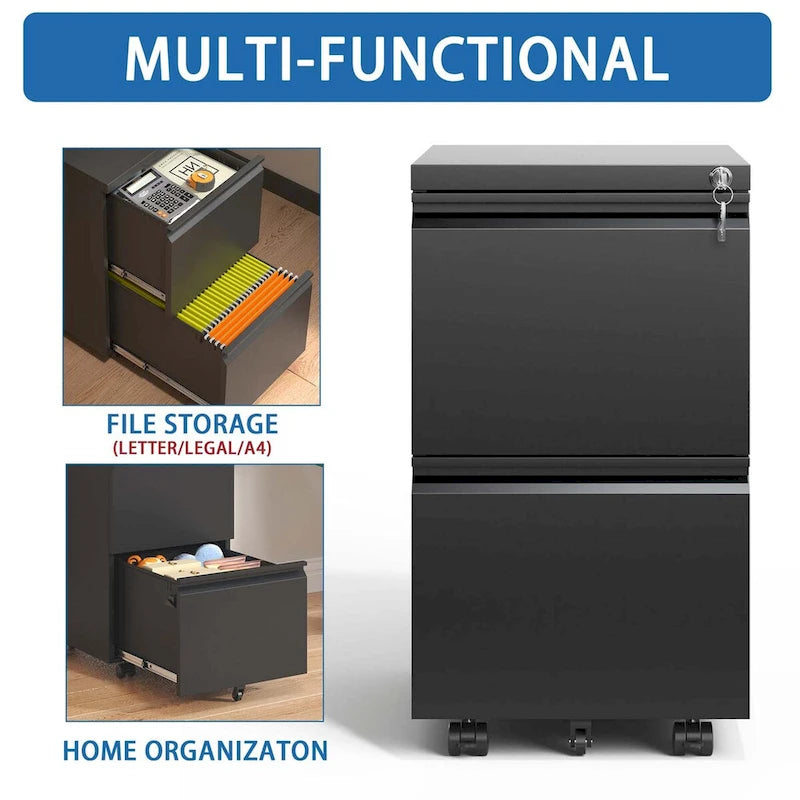 2-Drawer Rolling Metal File Cabinet with Lock