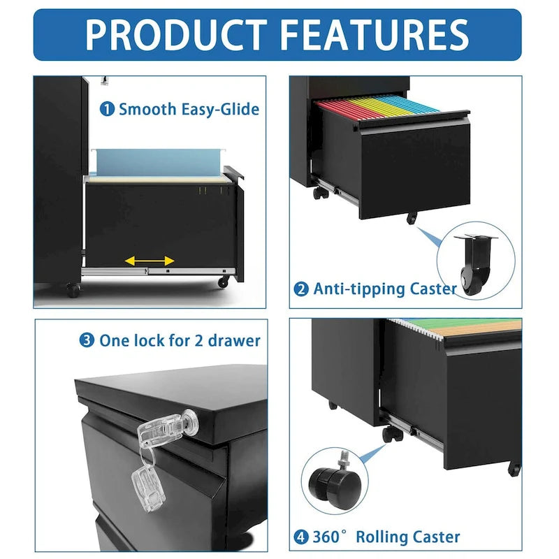 2-Drawer Rolling Metal File Cabinet with Lock