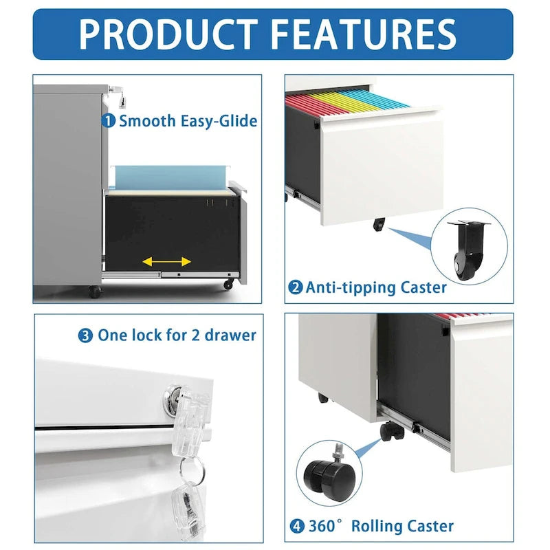 2-Drawer Rolling Metal File Cabinet with Lock