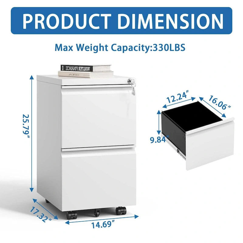 2-Drawer Rolling Metal File Cabinet with Lock