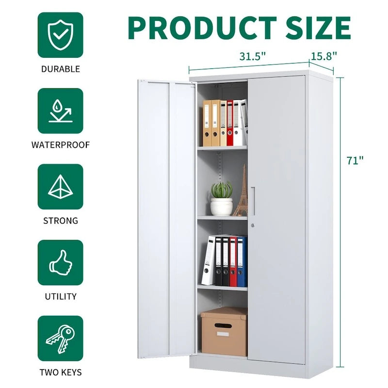 71" Tall Metal Storage Cabinet with Lock, 2 Doors & 3 Adjustable Shelves