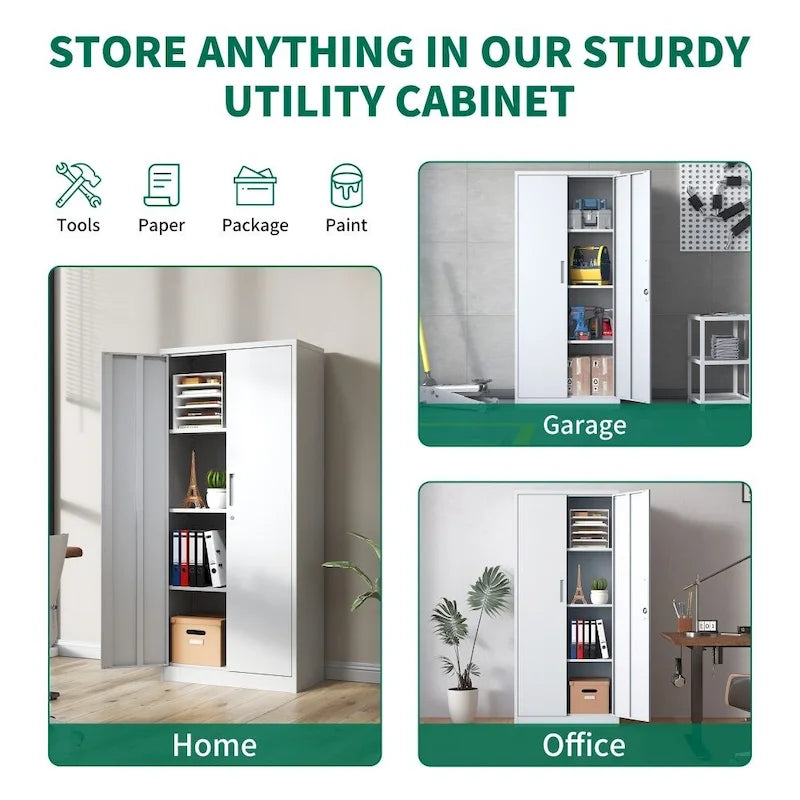 71" Tall Metal Storage Cabinet with Lock, 2 Doors & 3 Adjustable Shelves