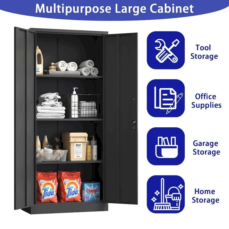 71" Tall Metal Storage Cabinet with Lock, 2 Doors & 3 Adjustable Shelves