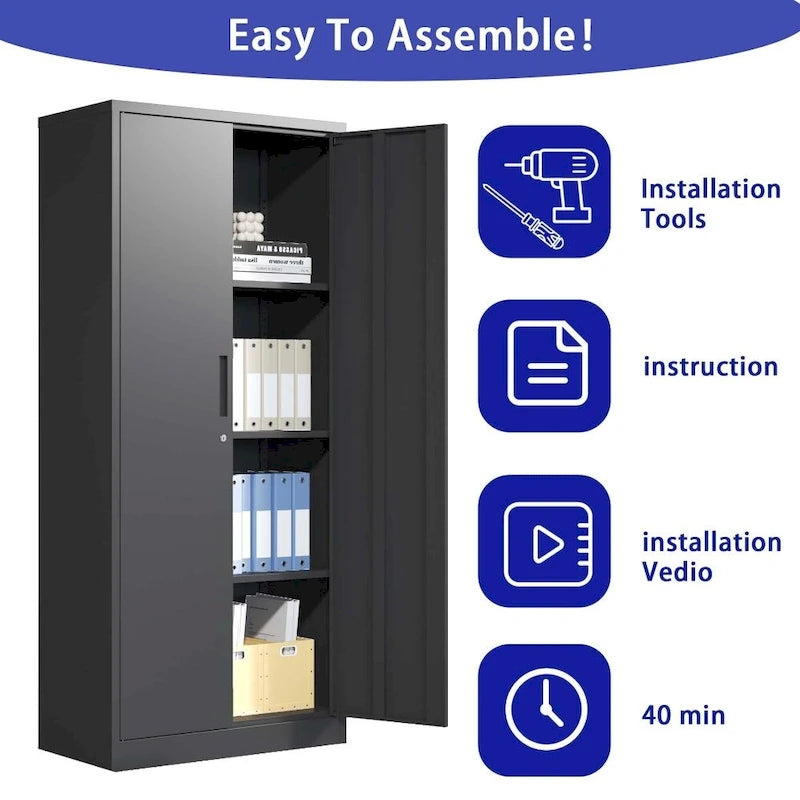 71" Tall Metal Storage Cabinet with Lock, 2 Doors & 3 Adjustable Shelves